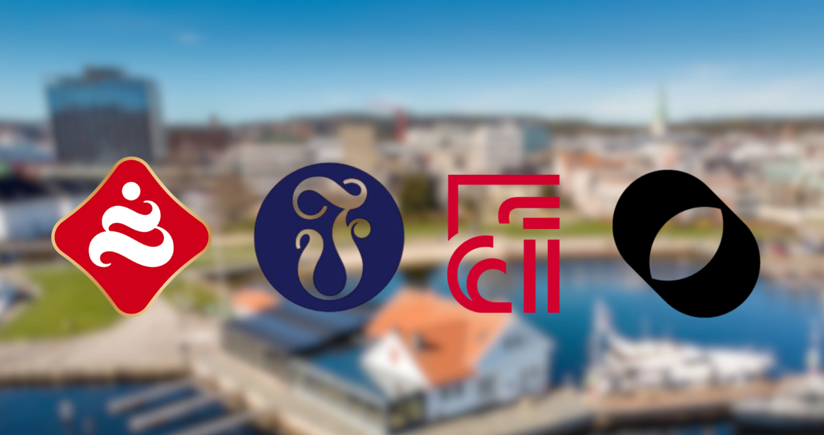 På bildet ses logoene til de 4 nominerte selskapene. I bakgrunnen: Hartmanns Brygge der kåringen finner sted, 17. juni.