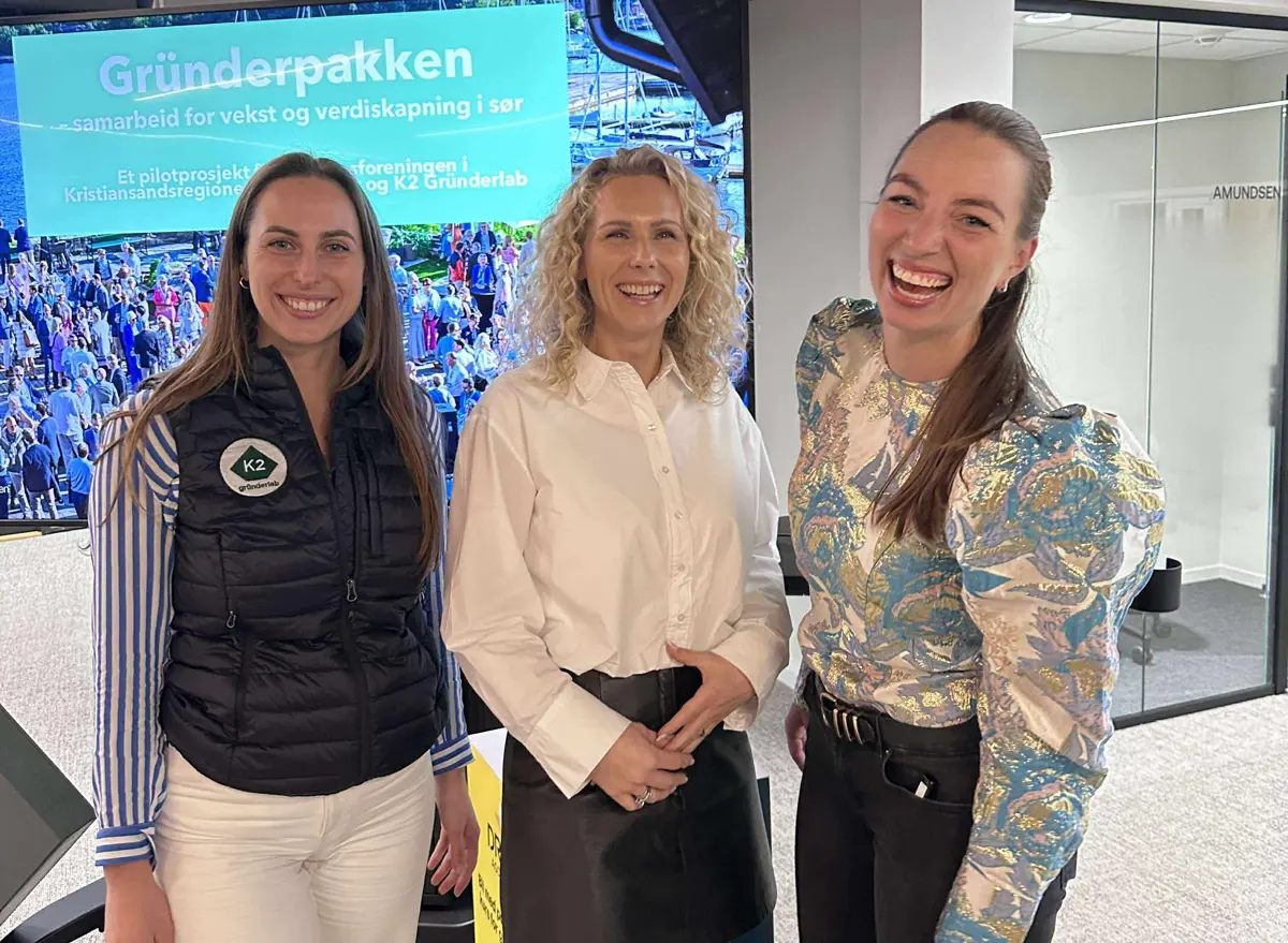 Maren Torve (K2 Gründerlab), Janne Storm Pettersen (Driv Agder), og Martine Holth Rønneseth (NiKR). Foto: Næringsforeningen.
