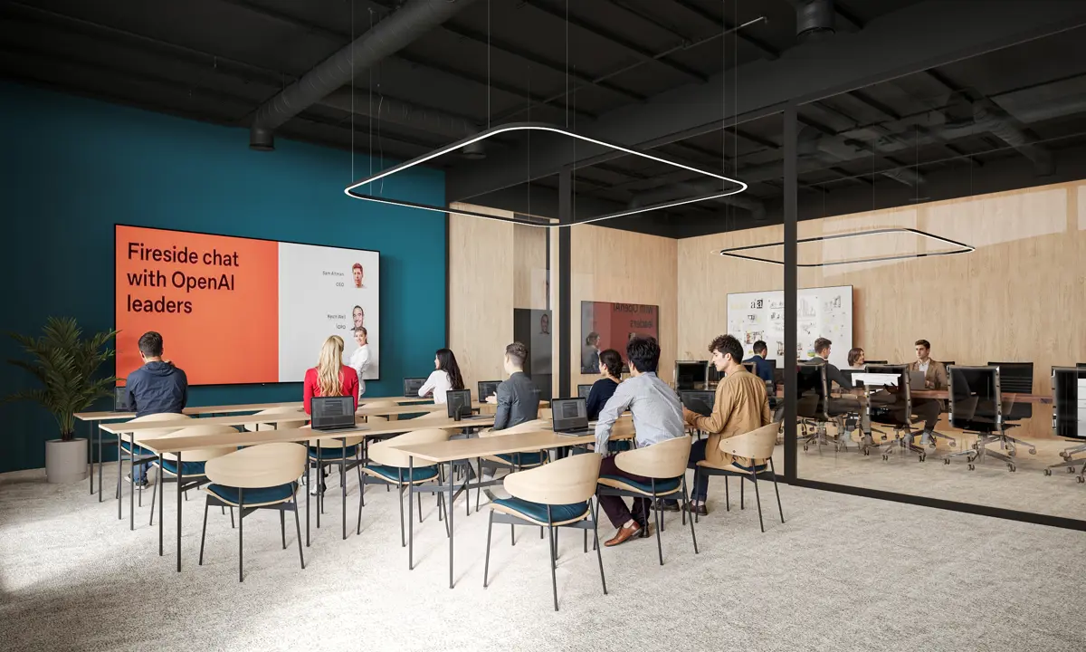 Illustrasjon av studiesenteret som åpner i 2027. 