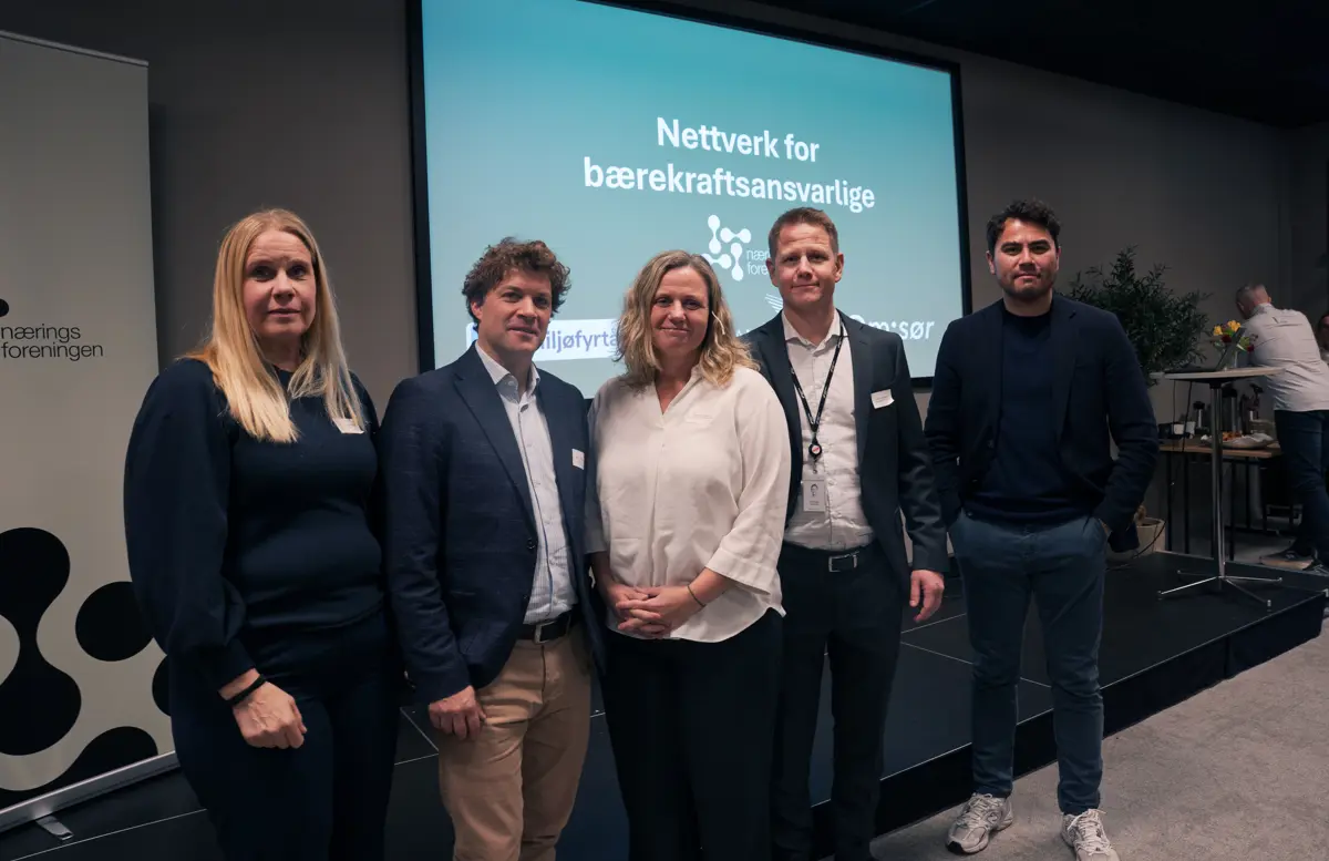 Innledere under samlingen f.v.: Anja Thorsdalen (Gard), Björn Alfthan (Gard), Stina Torjesen (UiA), Even B. Hardeland (Sparebanken Norge) og Lars Erik Mangset (Grieg Investor) (Foto: Næringsforeningen)