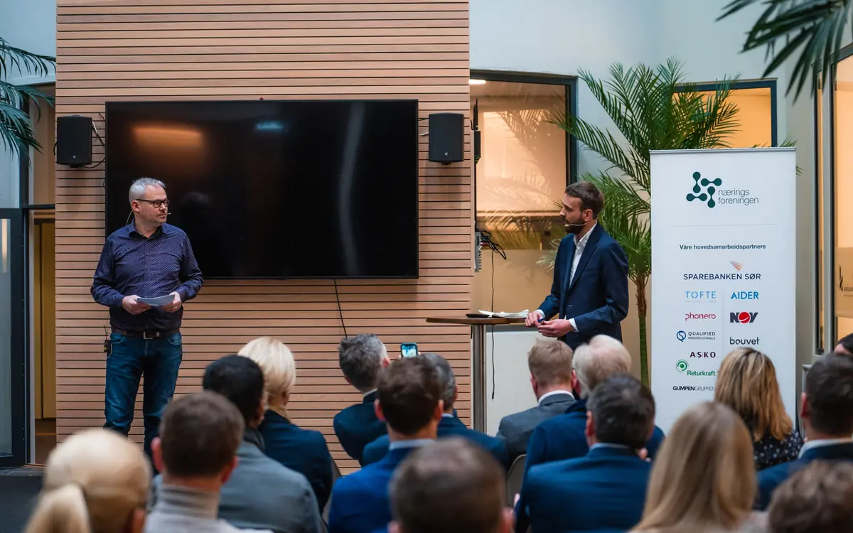 Næringsministeren svarte på spørsmål fra lokalt næringsliv i forkant av Agderkonferansen 24. januar. Foto: Tobias Hole Aasgaarden/South Coast Creative