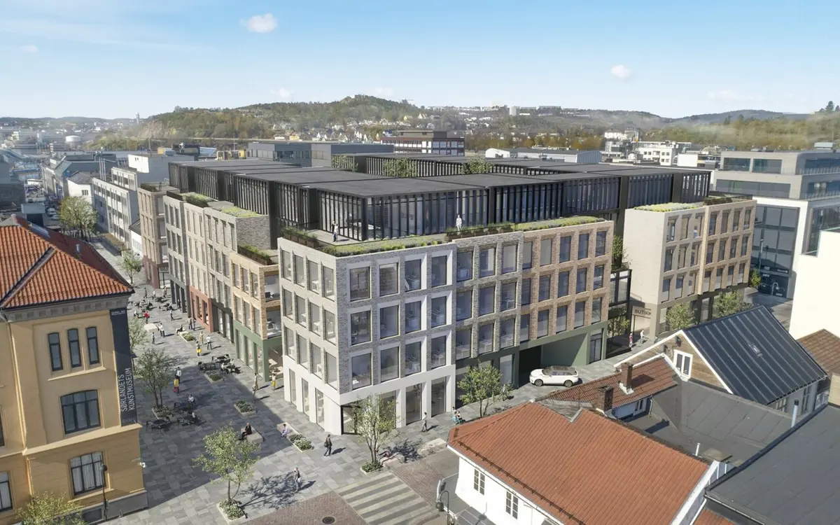 K14 er lokalisert midt i Kristiansand sentrum og blir innflyttingsklart våren 2025. (Foto: K14)